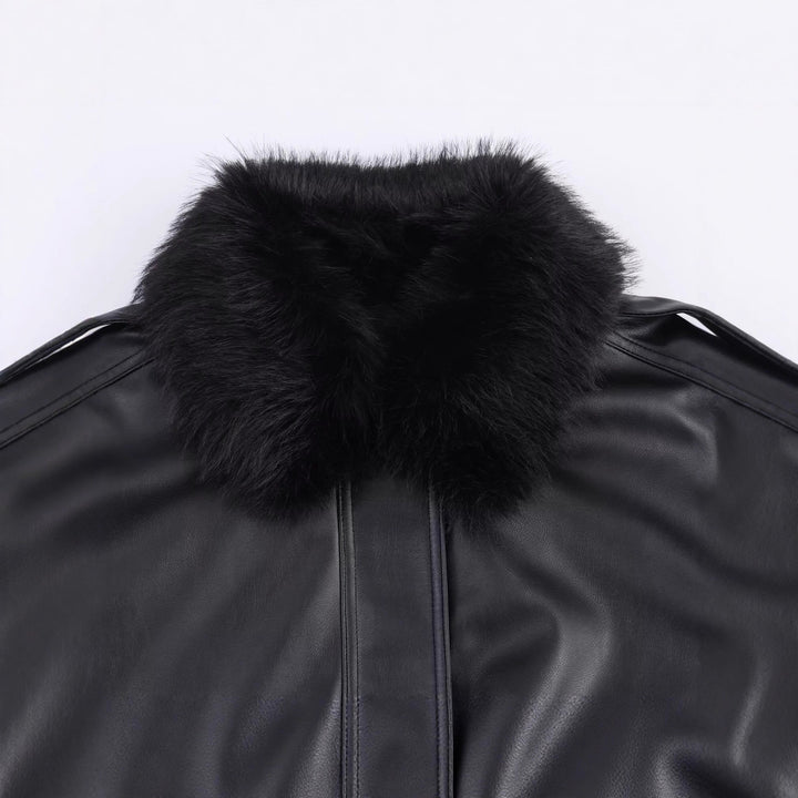 Women's Short Cut Faux Leather Bomber with Voluminous Faux Fur Collar Mune Fashion