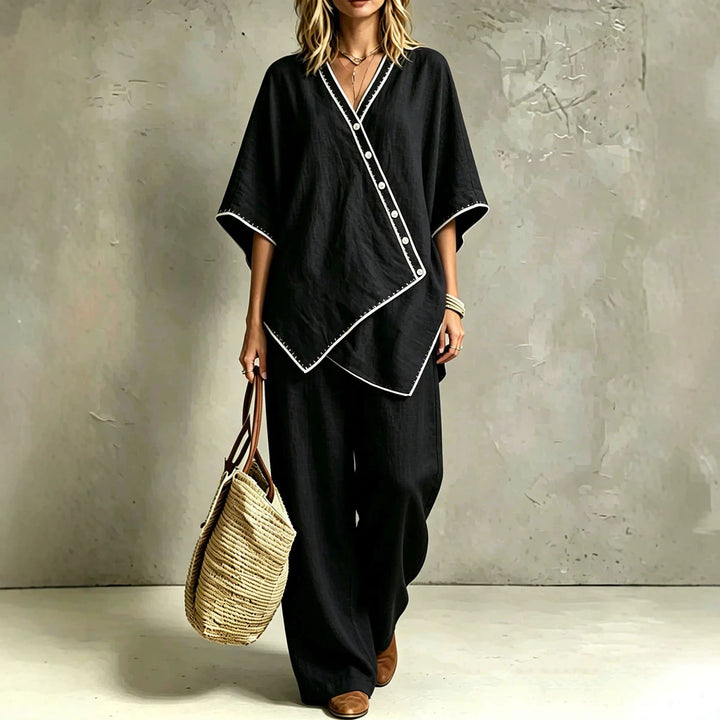 Women's Asymmetric Tunic Loungewear Set with Diagonal Button Placket and Wide Palazzo Pants Drune