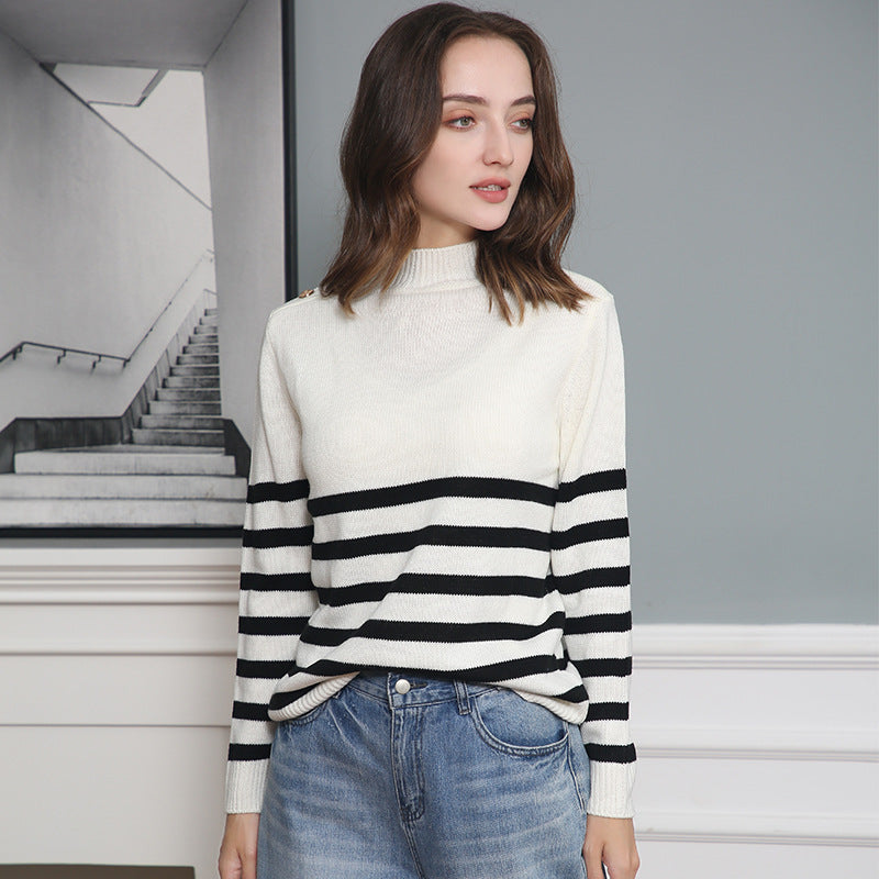 Women's Striped Turtleneck Sweater with Decorative Shoulder Buttons and Ribbed Cuffs Mune Fashion