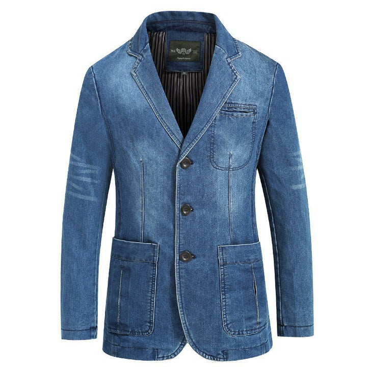 Men's denim blazer-style jacket with stretch, patch pockets, and lightweight lining.
