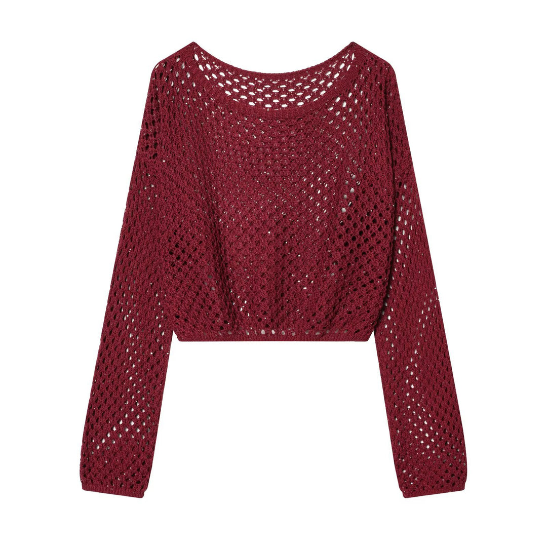 Women's Short Cropped Crochet Sweater with Openwork Pattern and Wide Neckline Mune Fashion