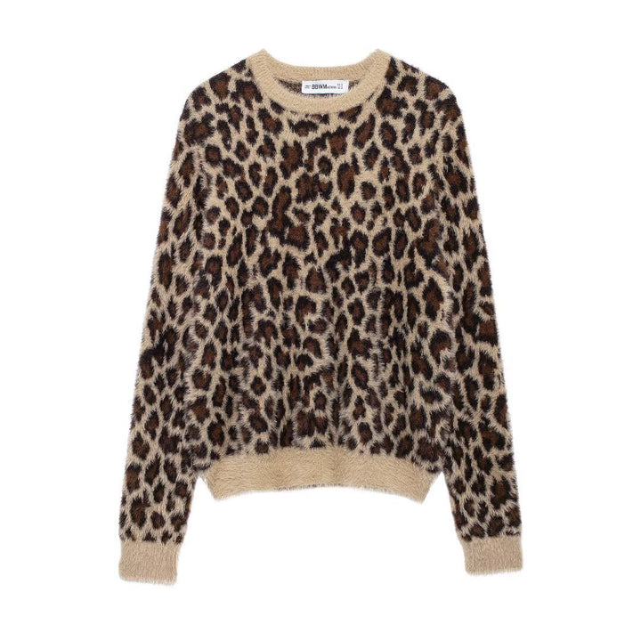 Women's Fluffy Knit Sweater with Leopard Print and Crew Neck Mune Fashion
