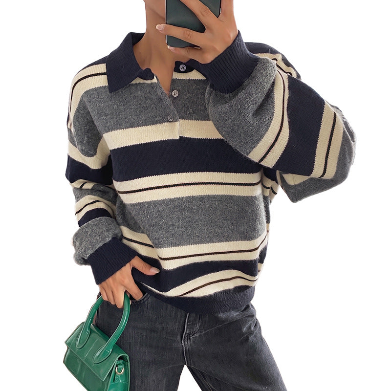 Women's Oversized Knit Sweater with Polo Collar, Stripe Pattern and Button Placket Mune Fashion