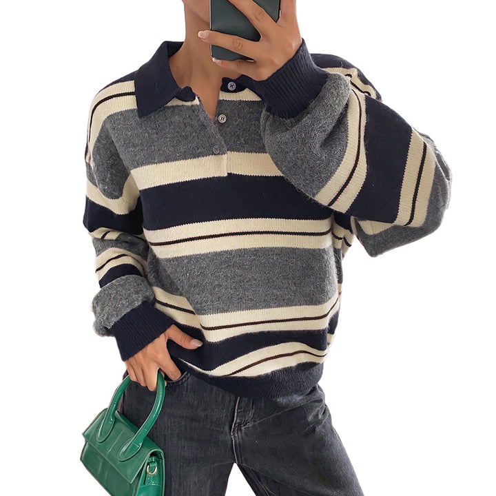 Women's Oversized Knit Sweater with Polo Collar, Stripe Pattern and Button Placket Mune Fashion