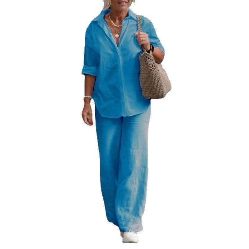 Women's Lightweight Linen Loungewear Set with Open Shirt Collar and Wide Palazzo Pants Mune Fashion
