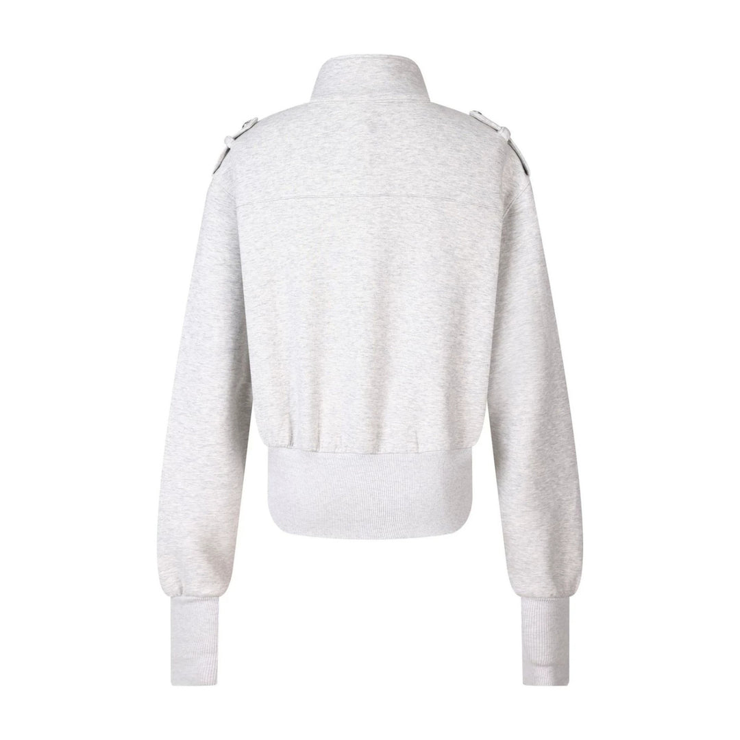 Women's Short Sweat Jacket in Military Style with Stand-Up Collar and Decorative Patches Mune Fashion