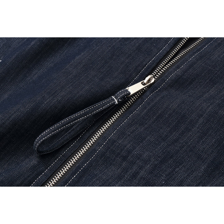 Men's Boxy Denim Blouson with high stand-up collar, visible contrast stitching and elastic hem.