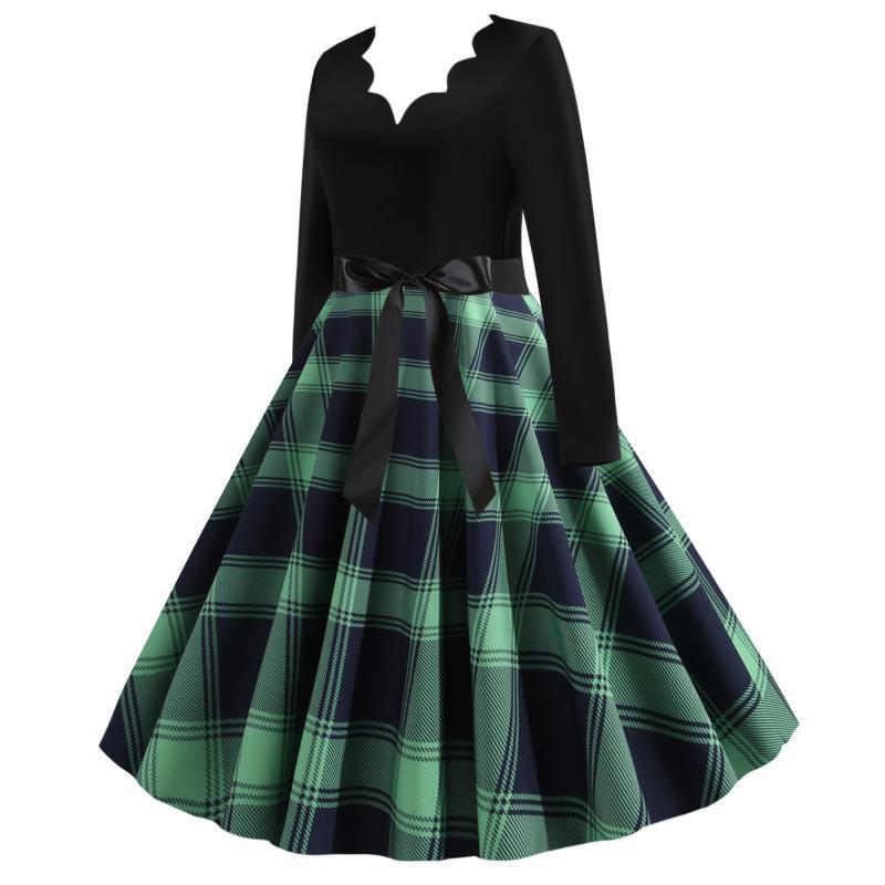 Women’s Retro Swing Dress with Zigzag Heart Neckline, Tailored Long Sleeve Top and Checkered Flared Skirt Mune Fashion