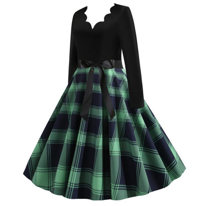 Women’s Retro Swing Dress with Zigzag Heart Neckline, Tailored Long Sleeve Top and Checkered Flared Skirt Mune Fashion