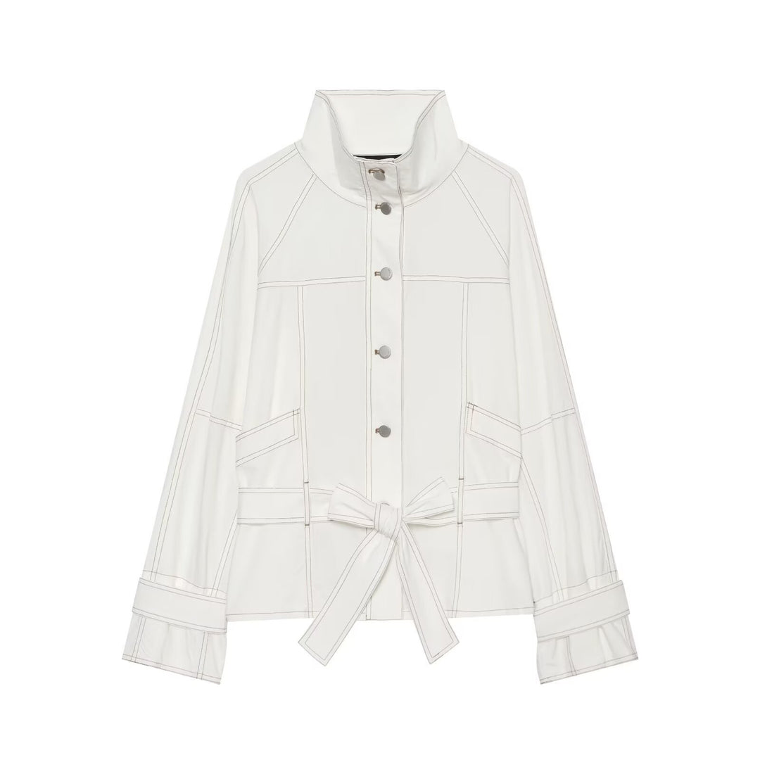 Women's Cropped Parka Jacket with high funnel collar, flap pockets and tie belt Mune Fashion
