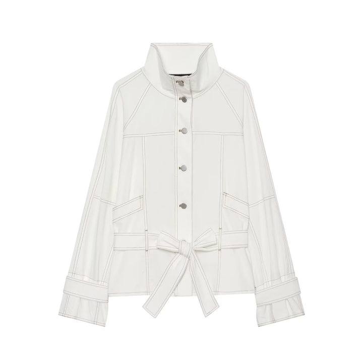 Women's Cropped Parka Jacket with high funnel collar, flap pockets and tie belt Mune Fashion
