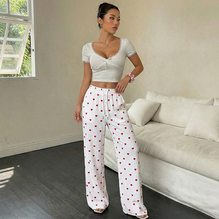 Women Casual Wide Pants with Heart Pattern Mune Fashion
