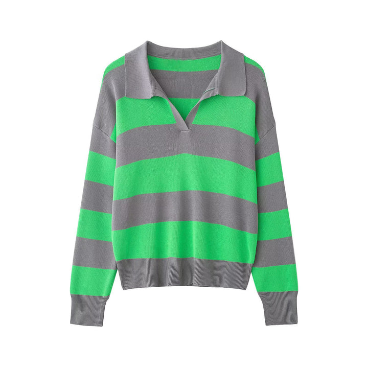 Women Striped Rugby Polo Sweater with V-Notch and Cropped Hem Mune Fashion