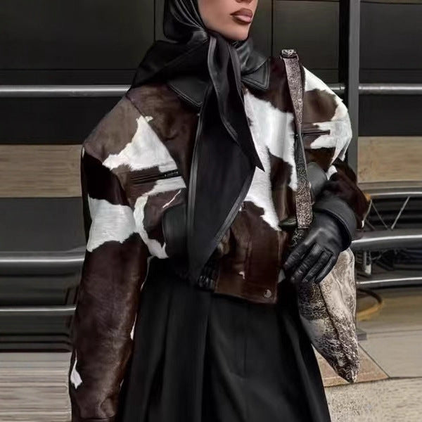 Ladies nan cropped bomber jacket with cow spot pattern and faux leather trim Mune Fashion
