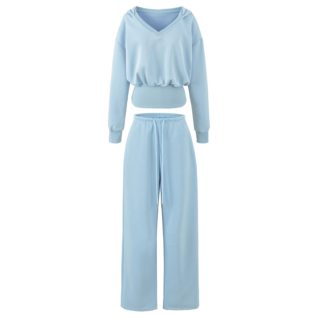 Women's Comfort Lounge Set with Short V Hooded Sweatshirt and High-Cut Wide-Leg Joggers Mune Fashion