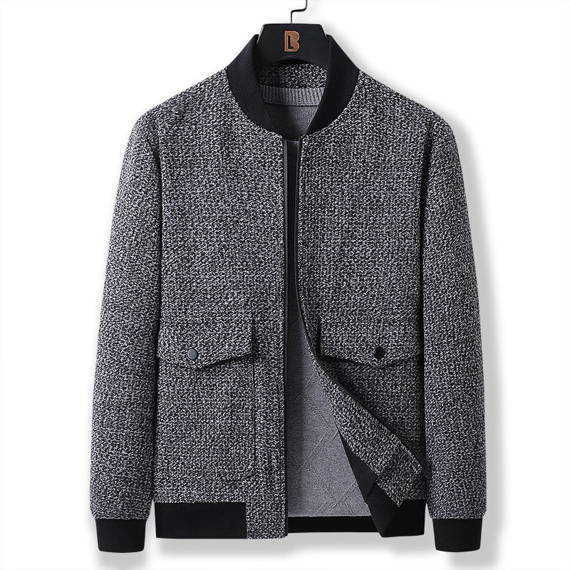 Men’s structured knit bomber jacket with applied patch pockets, ribbed cuffs, and discreet zipper Mune Fashion