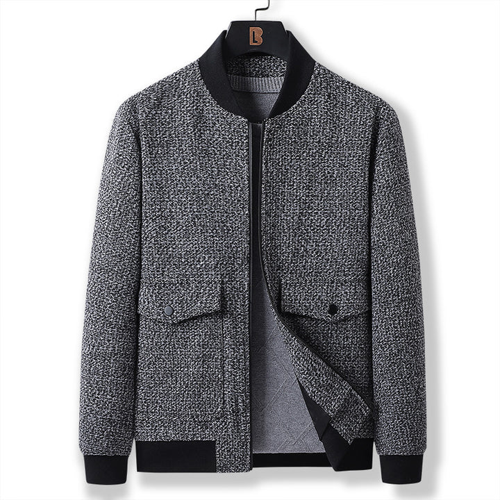Men’s structured knit bomber jacket with applied patch pockets, ribbed cuffs, and discreet zipper Mune Fashion