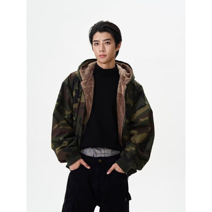 Men's Padded Hooded Bomber Jacket with Faux Fur Lining and Camouflage Pattern Mune Fashion