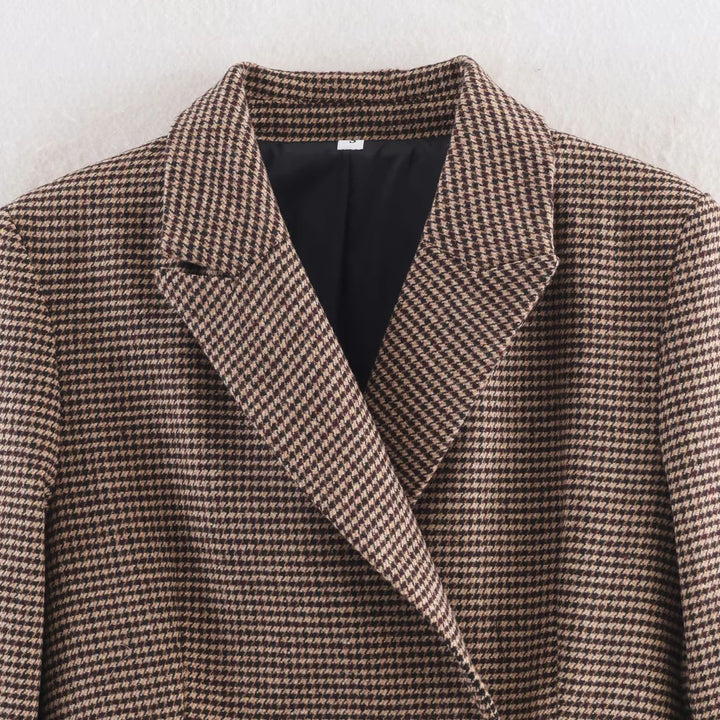 Women's tailored double-breasted blazer coat with houndstooth pattern and flap pockets Mune Fashion
