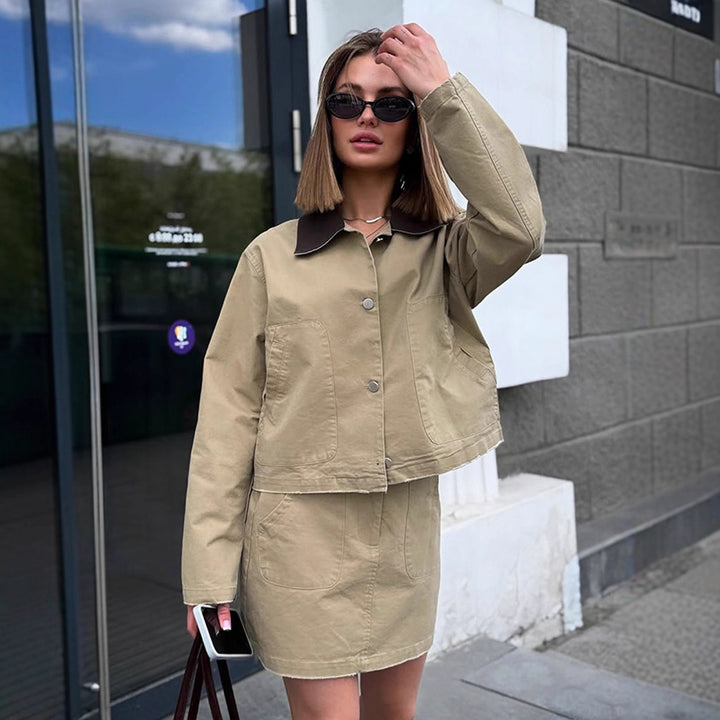 Women's Two-Piece Cotton Utility Set with Cropped Jacket and Mini Skirt Mune Fashion