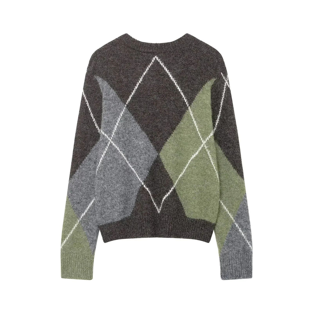 Women oversized check knit sweater with round neck, oversized fit and ribbed hem Mune Fashion