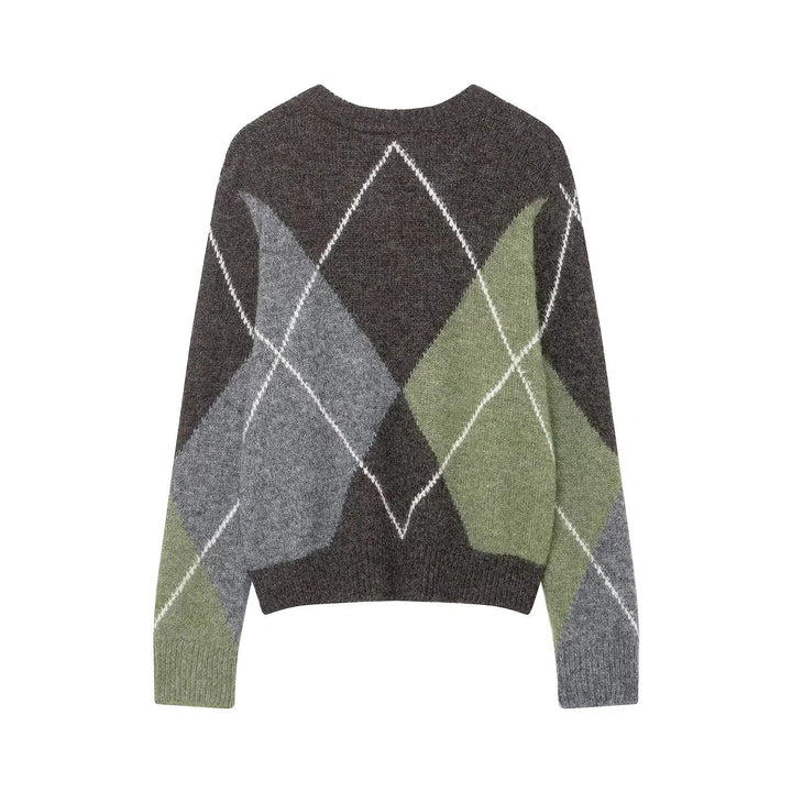 Women oversized check knit sweater with round neck, oversized fit and ribbed hem Mune Fashion