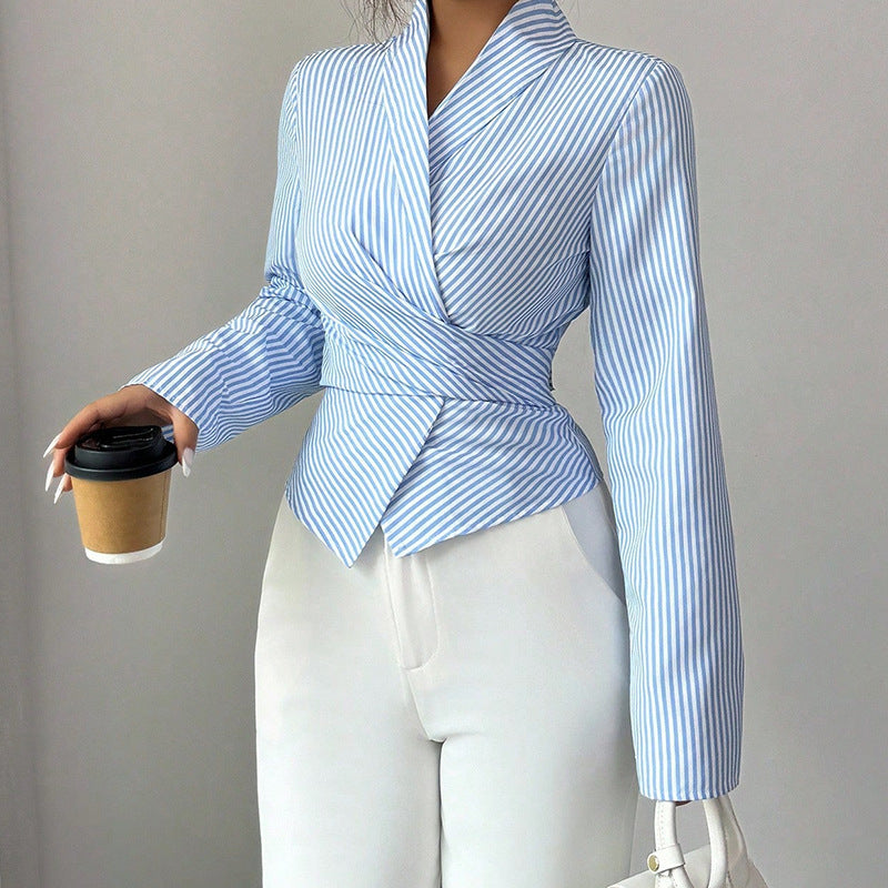 Women's fitted wrap blouse with lapel collar and decorative metal buckle Mune Fashion