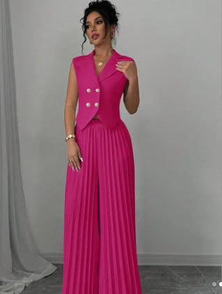 Women's Sleeveless Vest Blazer Top with Lapel and Pleated Palazzo Pants Two-Piece Evening Set Mune Fashion