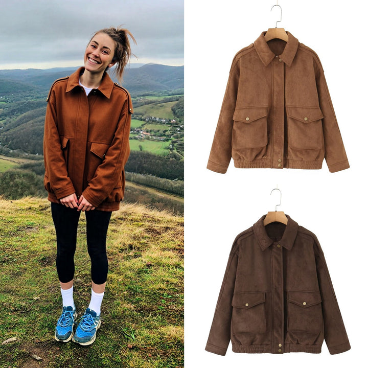 Women's Oversize Suede-Look Bomber Jacket with Flap Pockets and Elastic Hem Mune Fashion