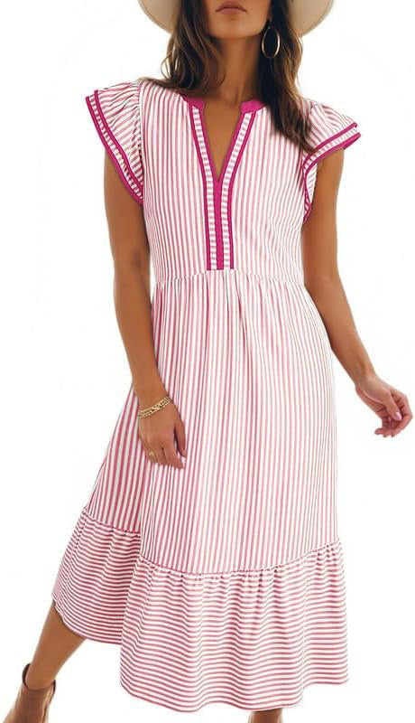 Women’s Maritime Midi Dress with Vertical Stripes, V-Neck and Ruffle Tier Mune Fashion