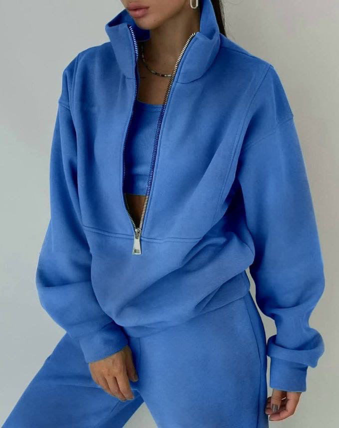 Women's Oversized Half-Zip Sweatshirt with Stand-Up Collar and Matching High-Waist Jogging Pants Mune Fashion