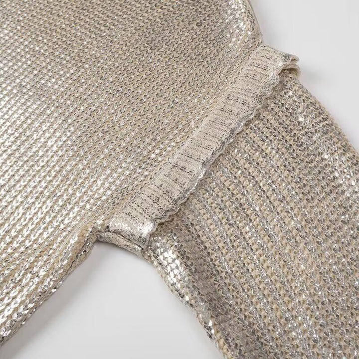 Women's Oversized Knit Sweater with Cut-Out Shoulders and Metallic Shine Mune Fashion