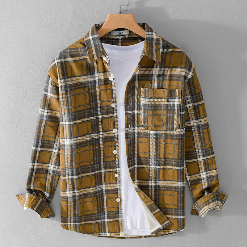 Men's Checked Flannel Overshirt in Vintage Look with Patch Chest Pocket and Curved Hem Mune Fashion