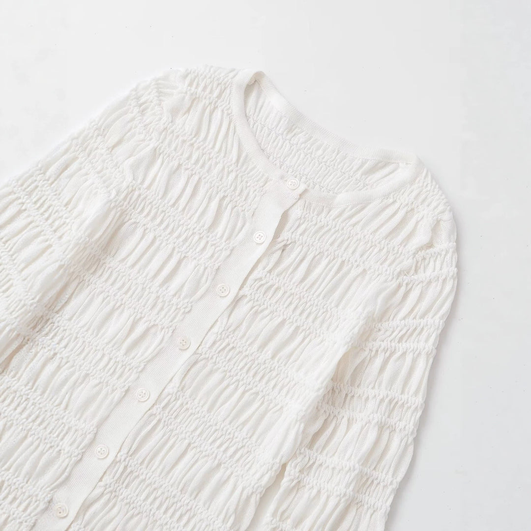 Women's Smocked Fine Knit Cardigan with Ruffle Hem and Button Placket Mune Fashion