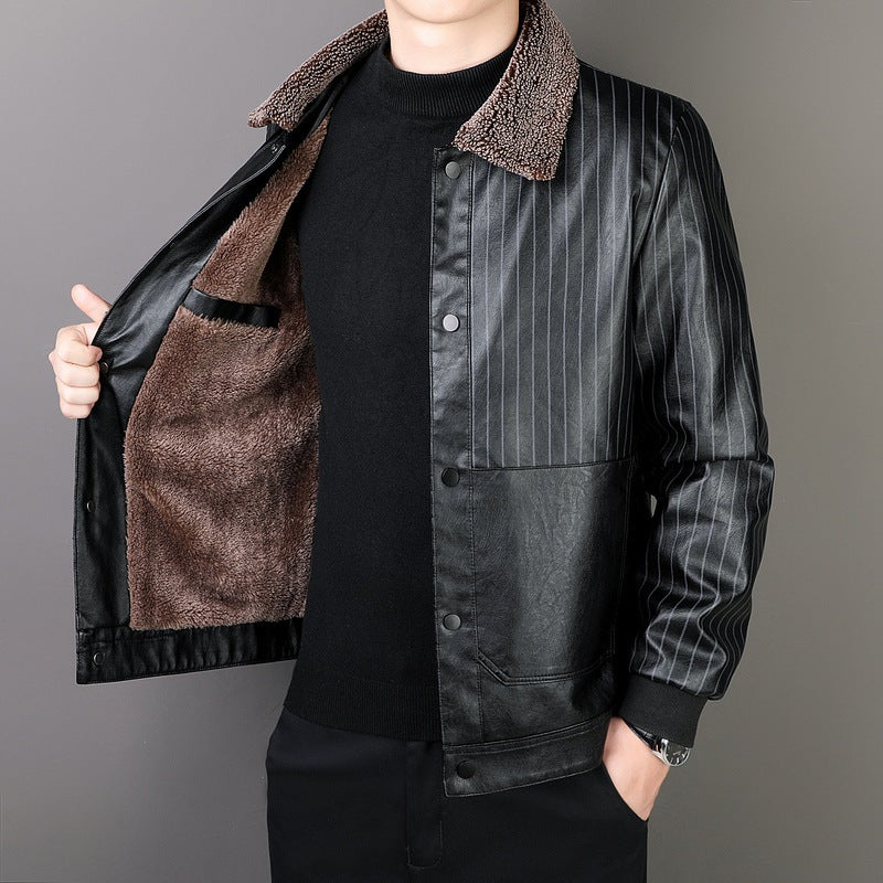 Men's Faux Leather Blouson with Sherpa Collar, Warm Teddy Lining and Pinstripe Detail Mune Fashion