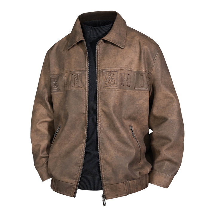 Men's Suede Look Bomber Jacket with Applied Logo and Zipper Mune Fashion