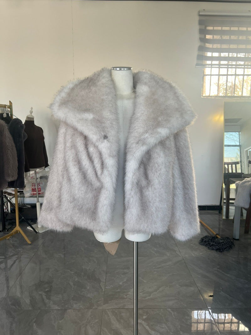 Women's Short Faux Fur Jacket in Bolero Style with Extra Soft Shawl Collar Mune Fashion