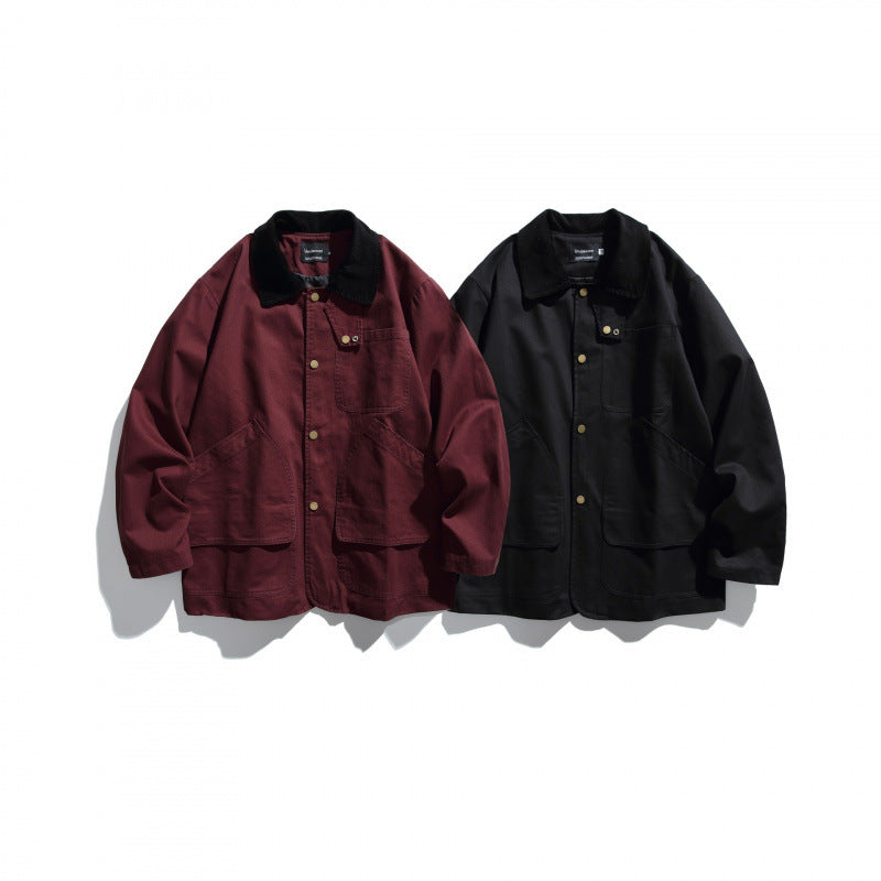 Men's Canvas Chore Jacket with Cord Collar and Snap Front Mune Fashion