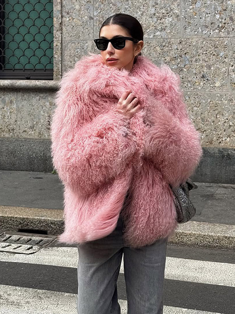 Women Short Cut Shaggy Faux Fur Coat with voluminous Shawl Collar and Oversized Silhouette Mune Fashion