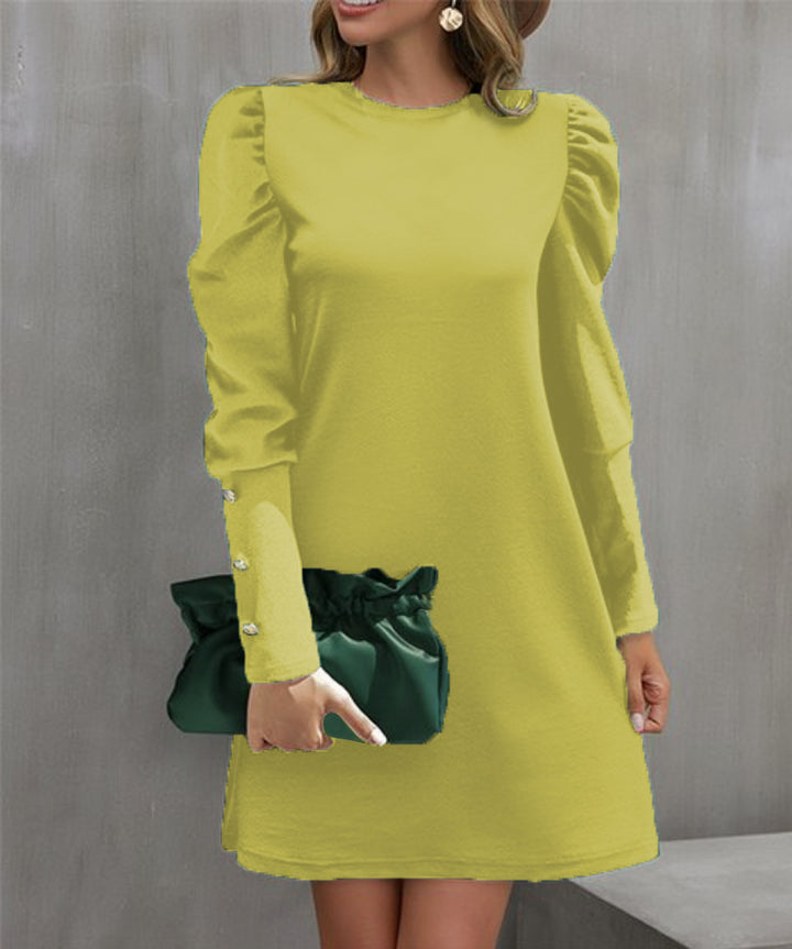Women Elegant A-Line Mini Dress with Emphasized Puff Sleeves and Pearl Button Sleeve Cuffs Drune