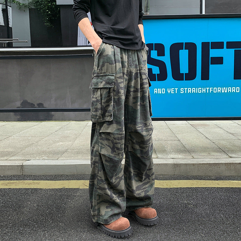 Men's Loose Camouflage Cargo Pants with Drop Crotch, Multi-Pockets and Elastic Waistband Mune Fashion