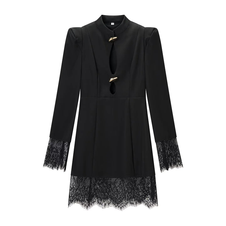 Women's midi dress with stand-up collar, cut-out front, gold decorative fasteners, and lace trim Mune Fashion