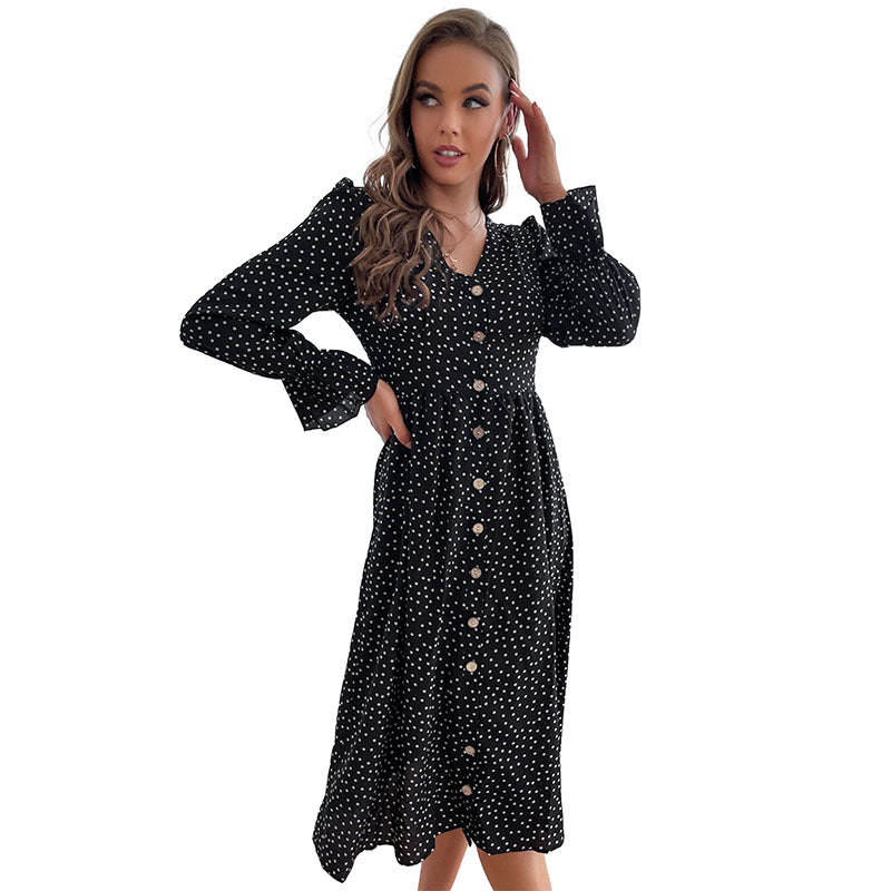 Women Elegant Polka-Dots Dress with Button Details Mune Fashion