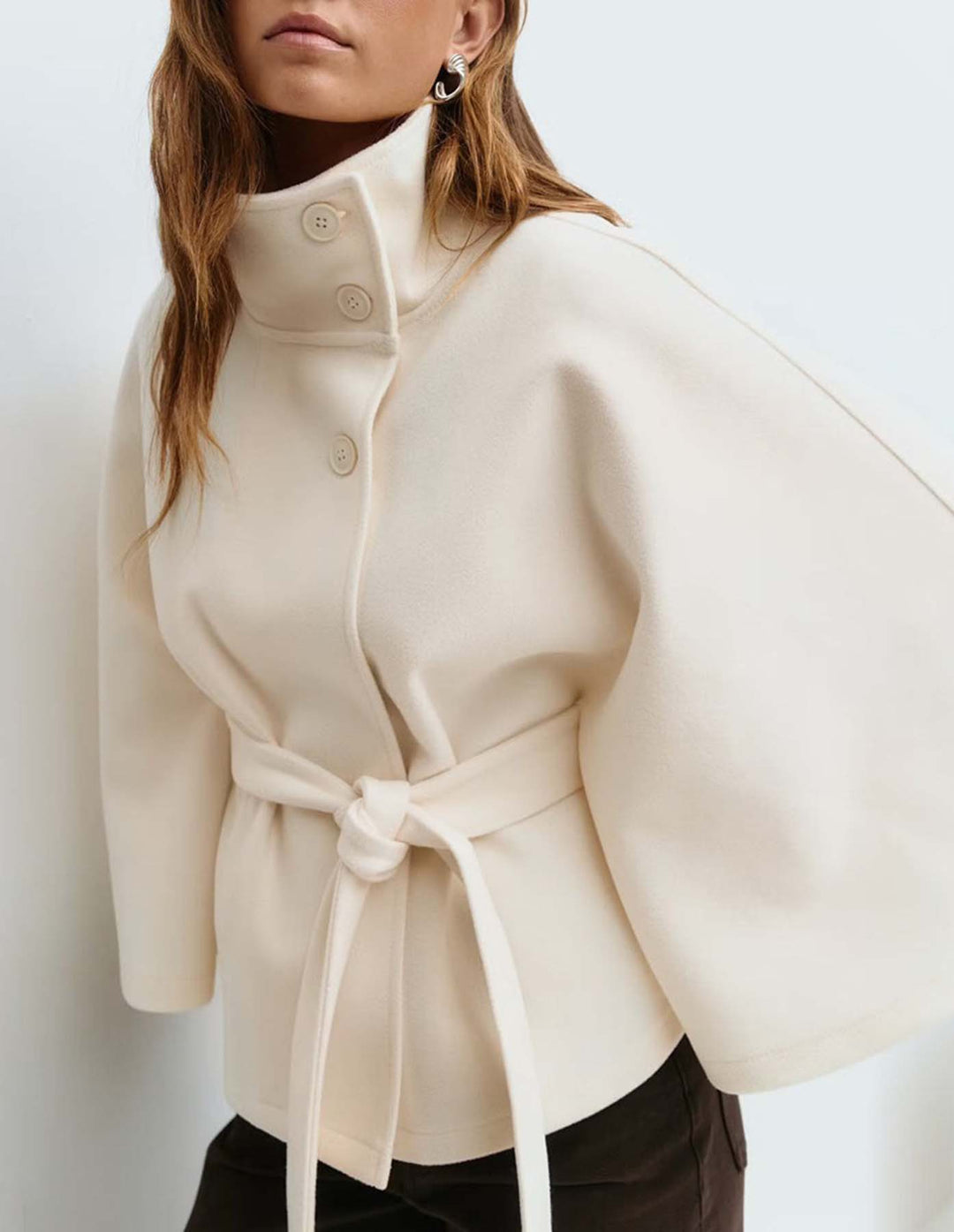 Women's Short Cape Coat with Stand-Up Collar, Oversized Sleeves and Tie Belt Mune Fashion