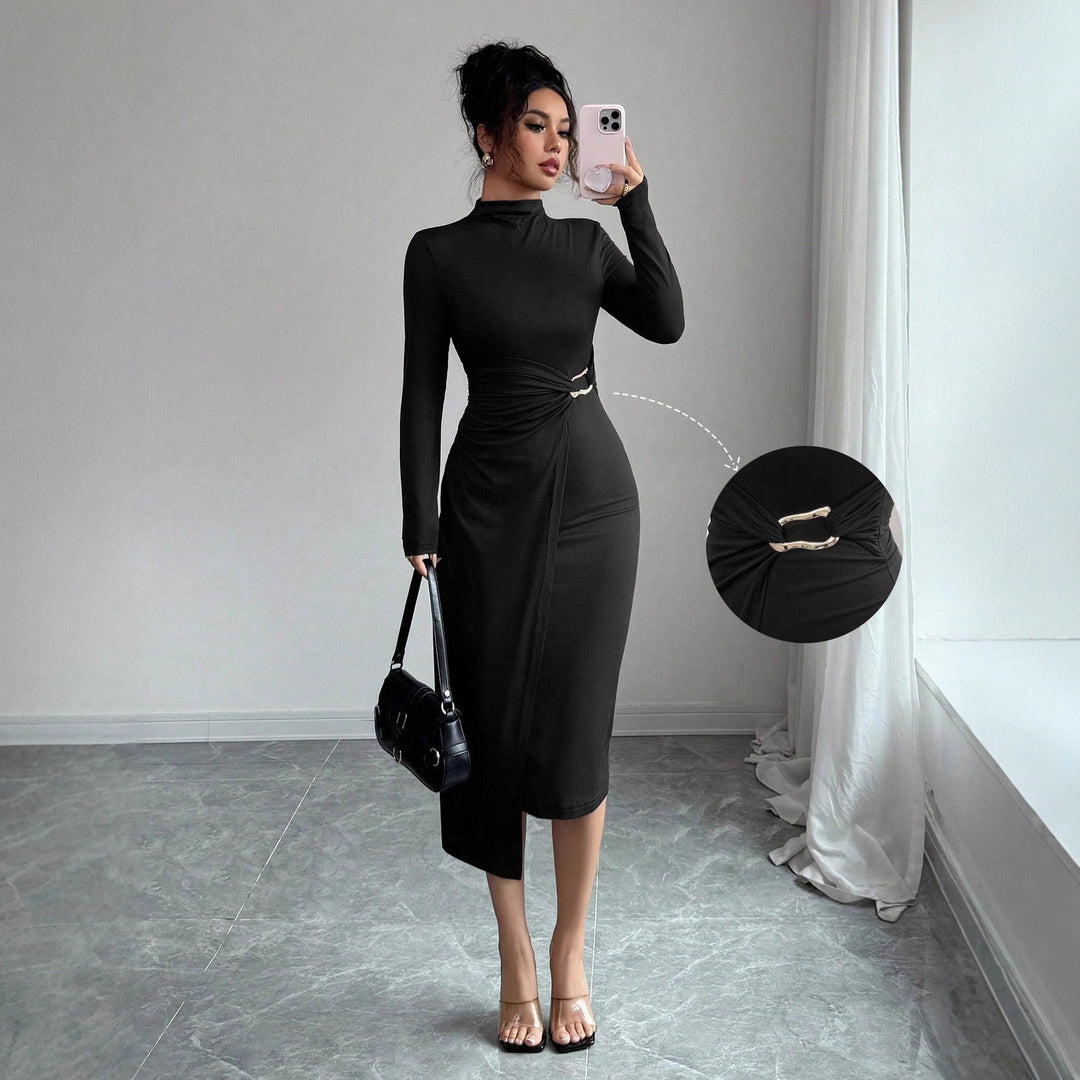 Ladies' figure-hugging midi dress with stand-up collar, waist gathering, and asymmetrical hem Mune Fashion