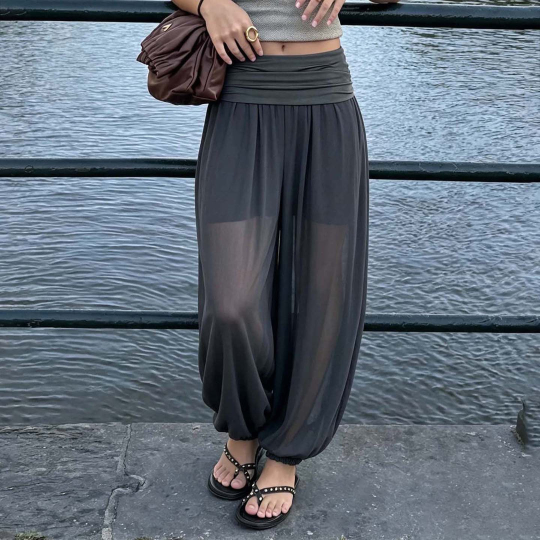 Ladies' wide harem pants with folded waistband and elastic leg cuffs Mune Fashion