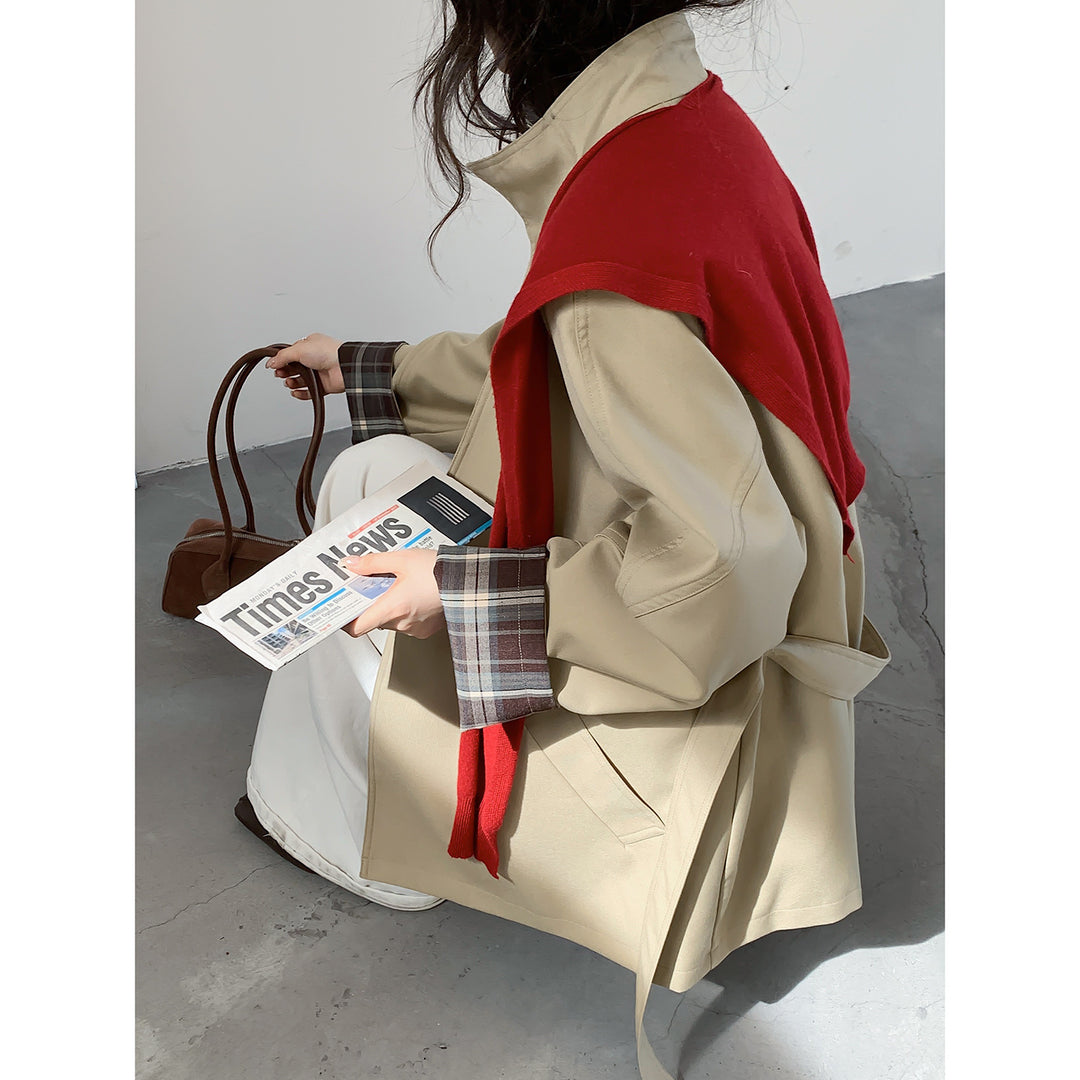 Women's Oversized Trench Coat with Waist Belt and Checked Sleeve Cuff Mune Fashion