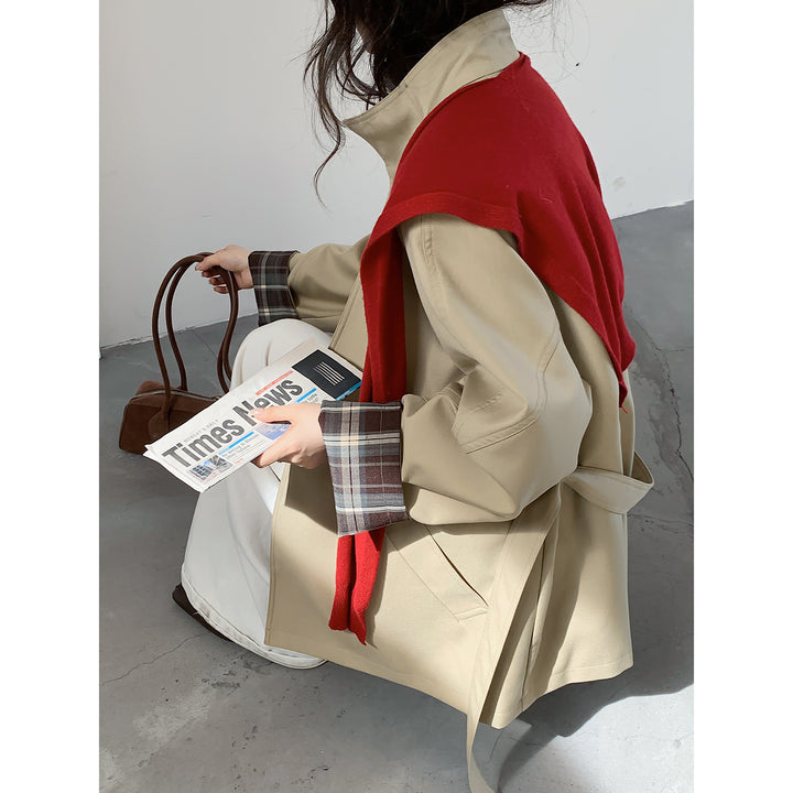 Women's Oversized Trench Coat with Waist Belt and Checked Sleeve Cuff Mune Fashion