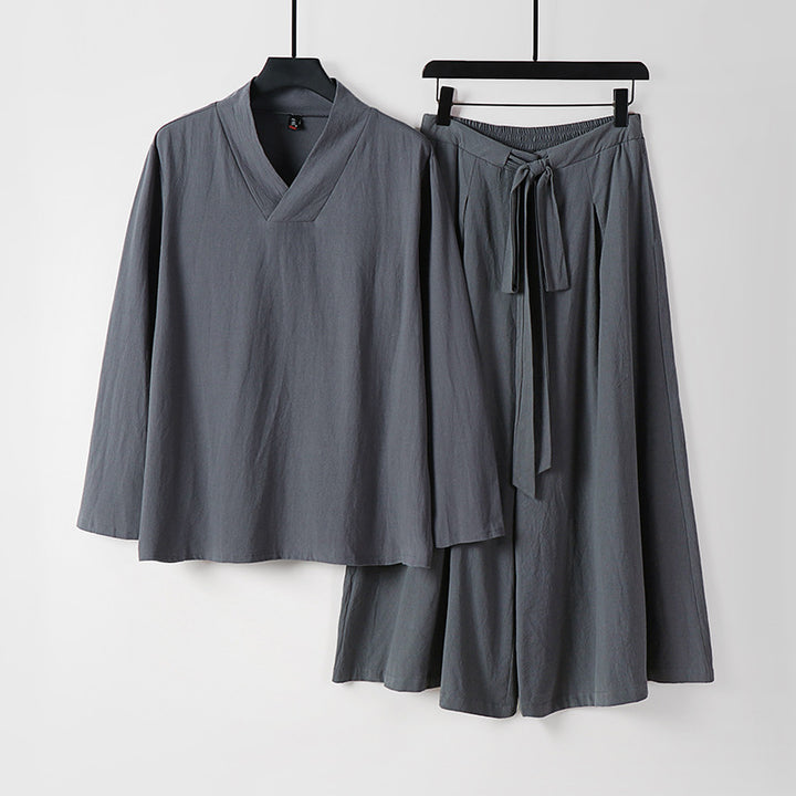 Women's Lightweight Linen-Cotton Loungewear Set with V-Neck, Wide Midi Skirt, and Tie Belt Mune Fashion