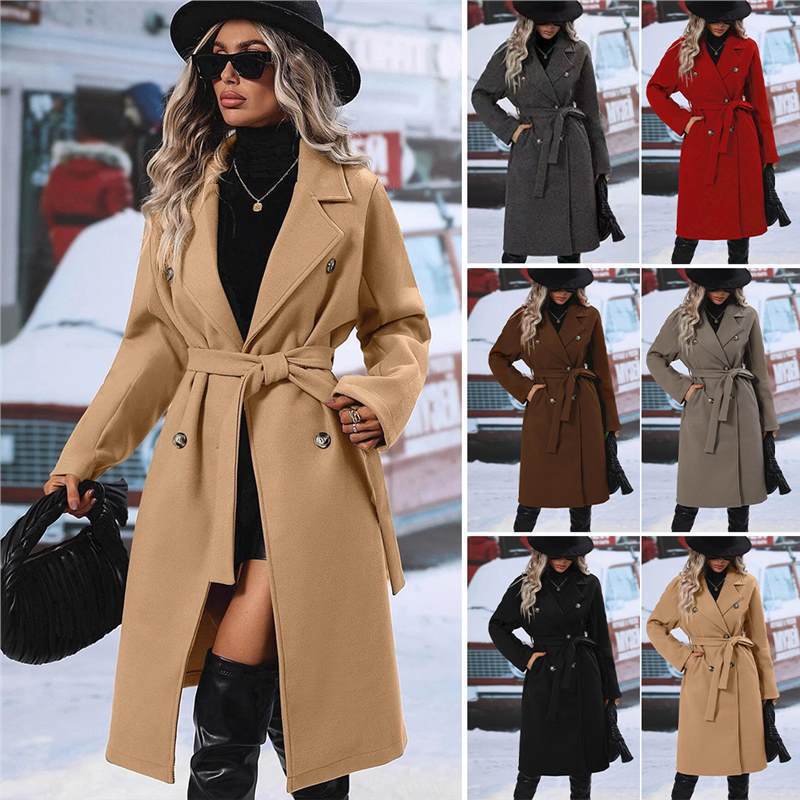 Women's double-breasted wool coat with belt and wide lapel collar Mune Fashion